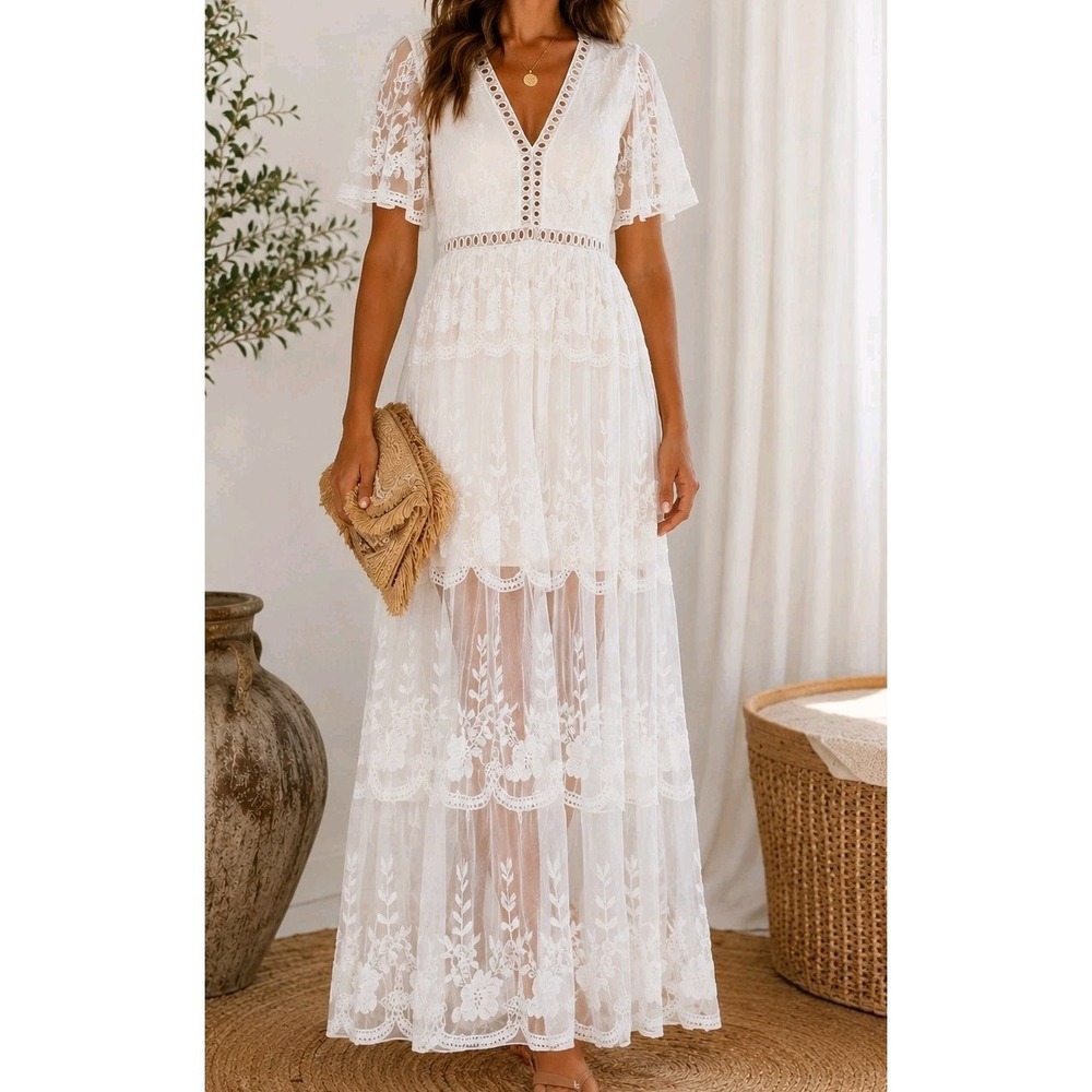 Boho Off White Embroidered Lace Maxi Dress Sheer Overlay V Neck Short Sleeve M